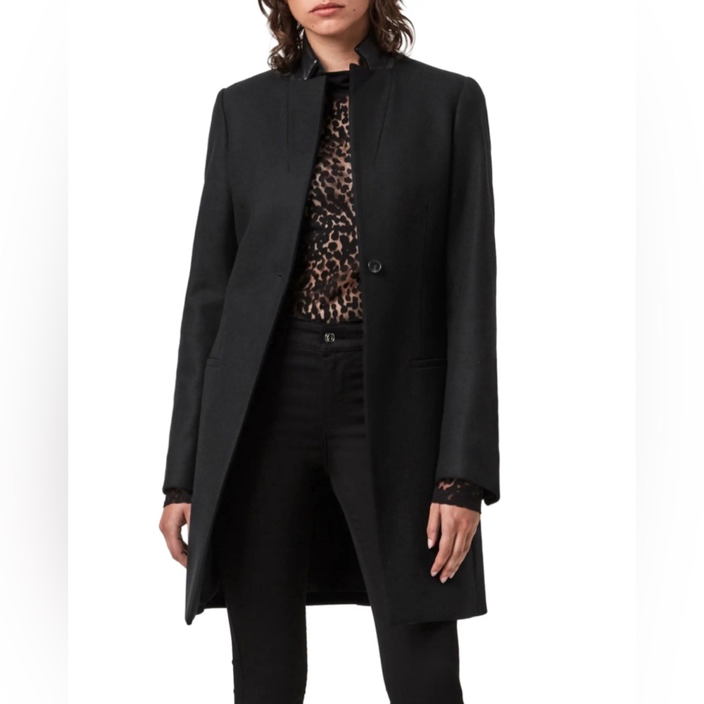 All Saints Leni Wool & Cashmere Blend Coat With Leather Collar - Size US 2/UK 6